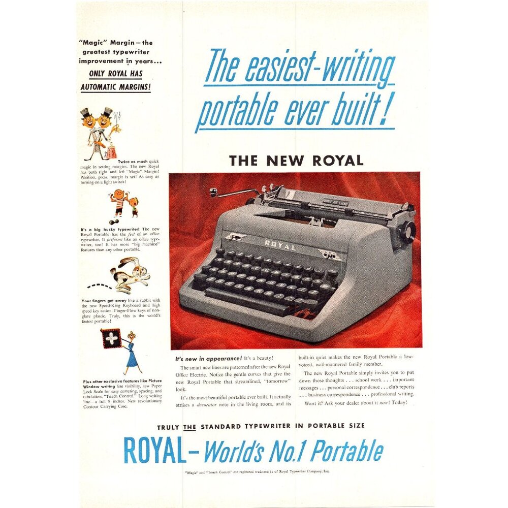 1951 Royal Portable Typewriter Speed King Keyboard Vintage Print Ad 50s Wall Art